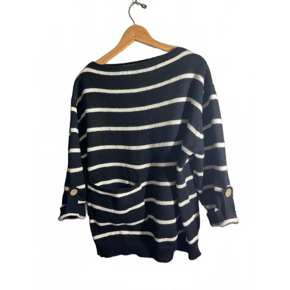 Lagenlook Art to Wear Black/White Striped Women's Wool Sweater with Pocket XL